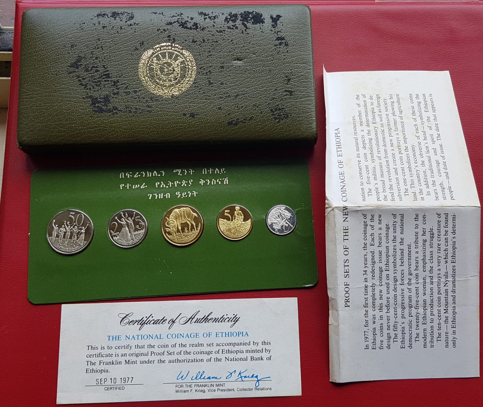 Ethiopia 1977 Proof Coin Set Sealed in Original Pack with Coa