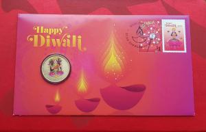 PNC: 2019 Australia FDC on Dewali Festival with Tuvalu 1 Dollar Commemorative Colored Coin, Fv $19.95