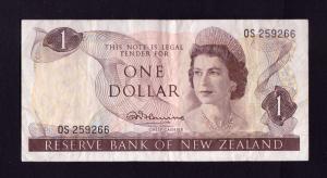 New Zealand 1 Dollar - Queen Elizabeth II - XF Condition 1967 - P163a