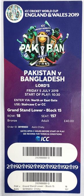 ICC Cricket World Cup 2019 Ticket Bangladesh Vs Pakistan - Lord's - Unused