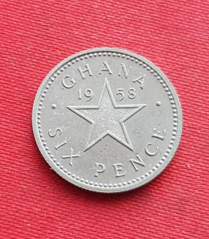 Ghana 6 Pence 1958, Single Year Issue, Copper-Nickel Dia 16.5 Km