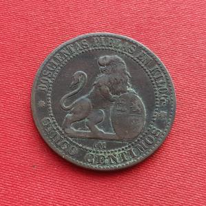 Spain 5 Centimos - Provisional Government 1870 Bronze Dia 25 mm