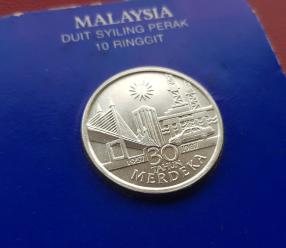 Malaysia 10 Ringgit 1987 Commemorative Issue Proof -30th Anniv. of Independence, Silver (.500) Wt10.82 G Dia28.5 mm Sealed in Official Mint Folder